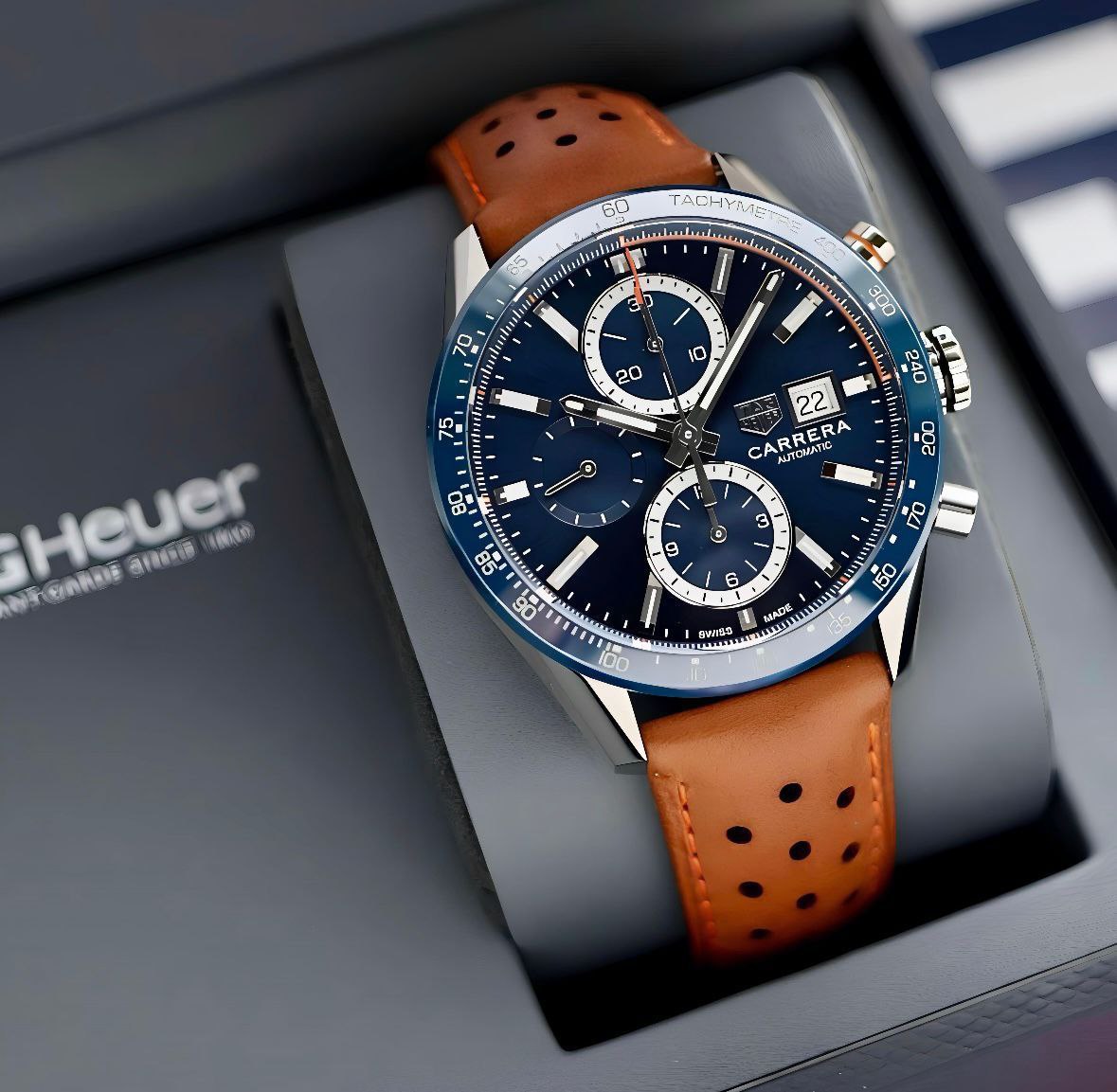 TAG Heuer Carrera Chronograph – Blue Dial with Brown Leather Strap (Heritage Collection)
