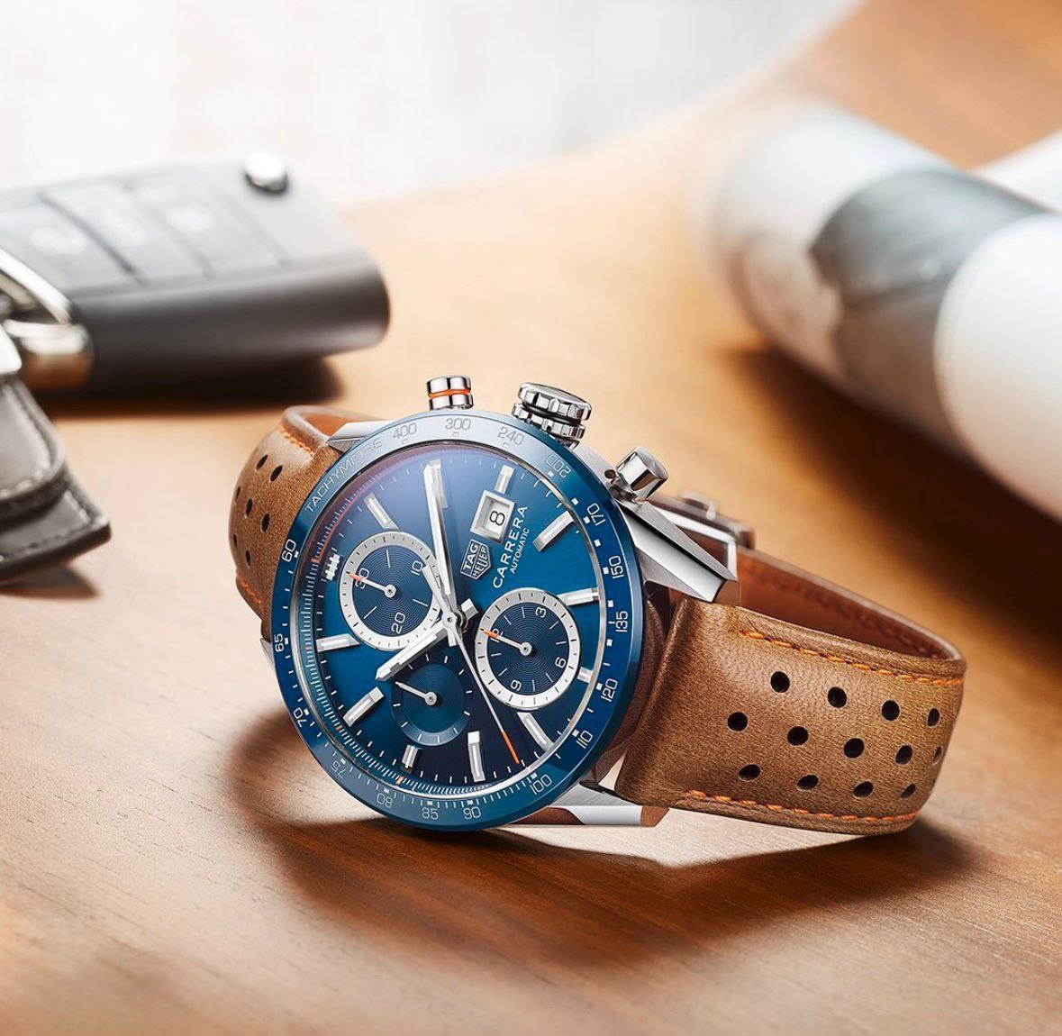 TAG Heuer Carrera Chronograph – Blue Dial with Brown Leather Strap (Heritage Collection)